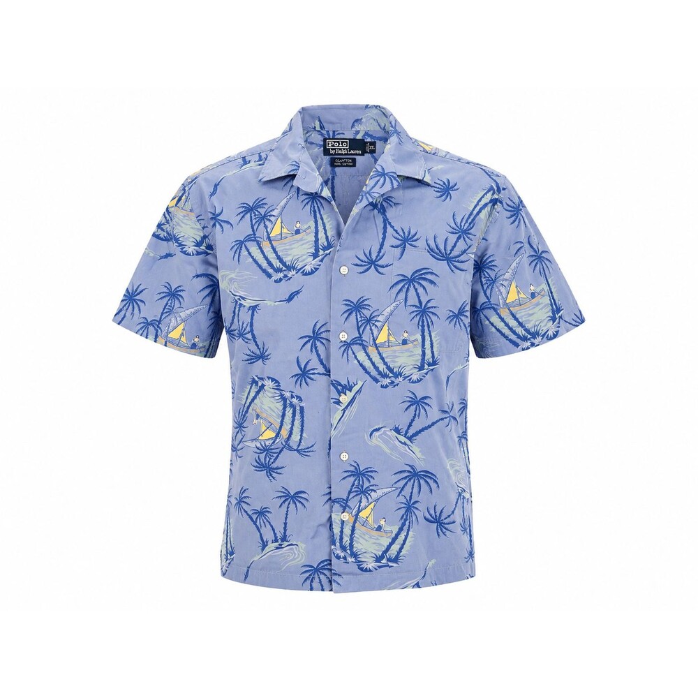 Polo by Ralph Lauren Mens Hawaiian Shirt Blue Palm Tree Surf Print Short Sleeve-